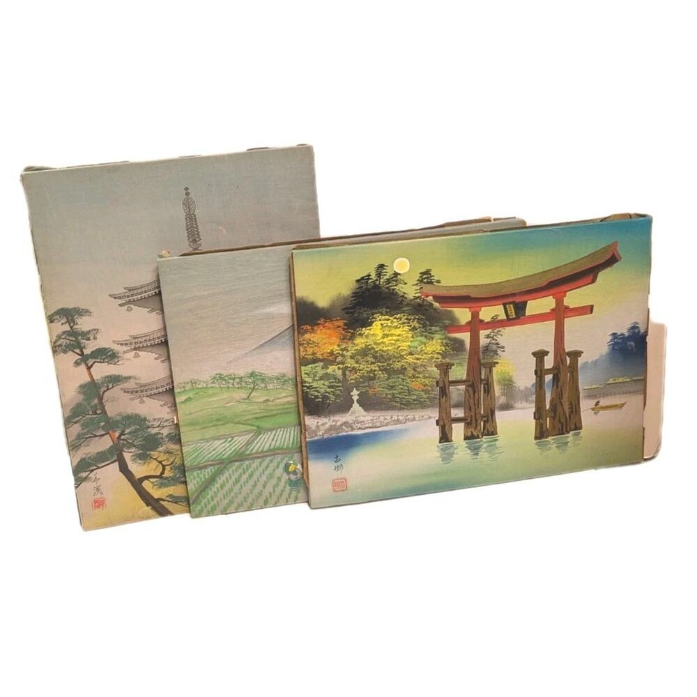 Japanese Silk Art Tapestry Mt Fuji Torii Gate Temple Landscape Vintage Signed